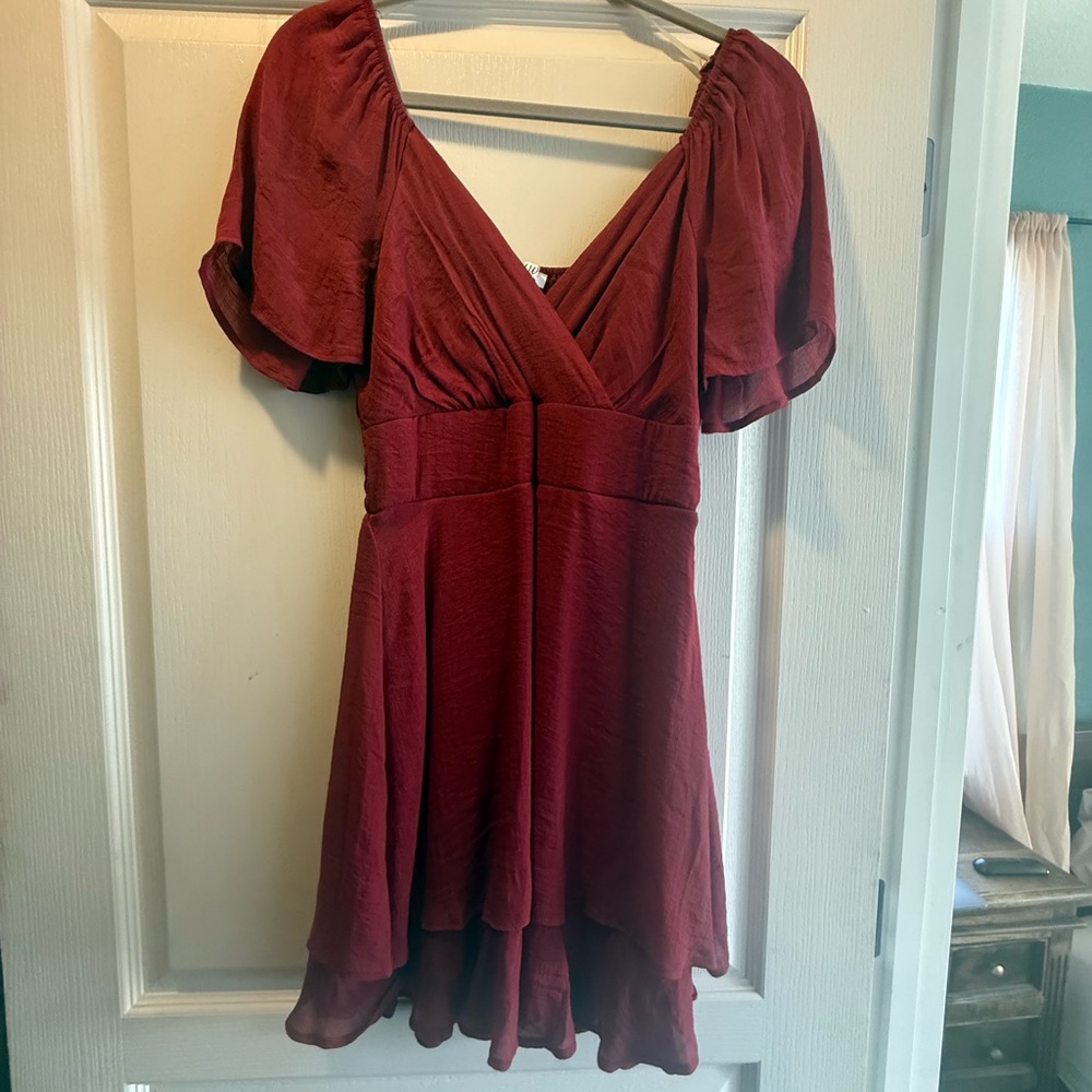 AUW Deep Burgundy V-Neck Mini Dress with Flutter Sleeves